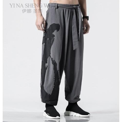 Japanese Style Harajuku Men Fashion Trousers Samurai Costume Loose New Fashion Traditional Bloom Pants Haori Kimono Pants Loose
