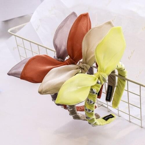 Women Pearl Headband Organza Fabric Winding Hair Hoop Hair Accessories Solid Color Ears Bow Hairbands