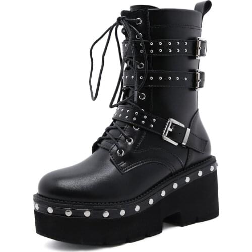 Autumn Spring Lace-Up Motorcycle Boots For Women Round Toe Thick Platform High Heels Female Ankle Boots Black Style Shoes Large