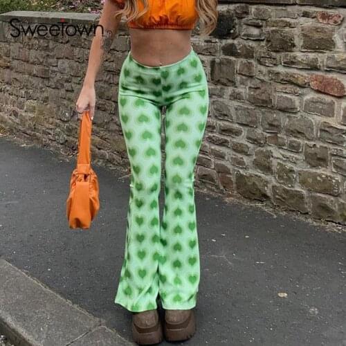 Sweetown Green Tie Dye Flare Pants Heart Print 2000s Y2K Aesthetic Trousers Vintage Low Waist Wide Leg Harajuku Trousers Women