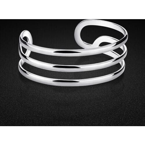 Womens 925 Sterling Silver Bangle Minimalist Three-line Design Solid Silver Open Bangle Charm Jewelry Gift