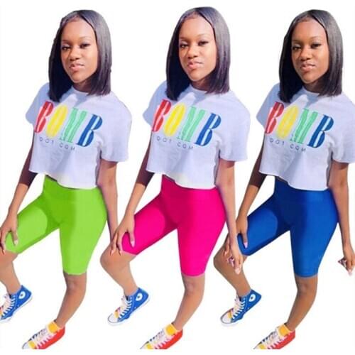 Letter Print 2 Piece Set Womens Casual Outfits Solid Suit Woman Top and Biker Shorts Sweet Matching Sets Wholesale Dropshpping