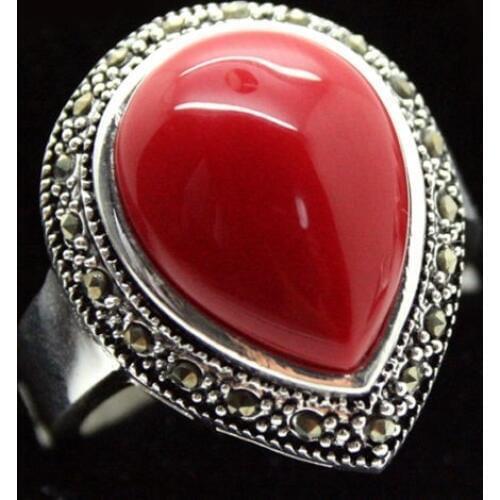 Unsex 12*20mm FANCY RARE VINTAGE RED CORAL BELT 925 SILVER MARCASITE RING 7 8 9 10# Genuine Handmade Women Gift word 925 silver