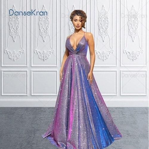 Elegant V-neck Shimmery Prom Dresses 2021 Purple Spaghetti Straps Shiny Formal Evening Dresses For Party Vestidos De Gala