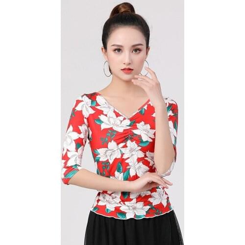 Latin Dance Dress Women Floral Print Drawstring Dance Top Spring Summer Mid-sleeve V-neck New Adult Female Modern Dance Costume
