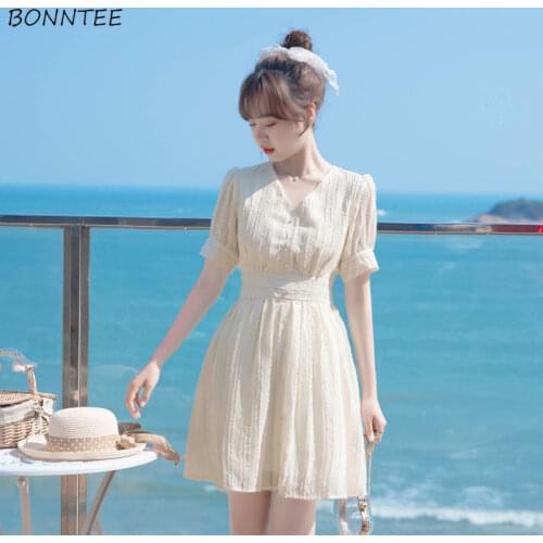 Short Sleeve Dress Women Tender A-line Above Knee Holiday Summer V-Neck High Waist Elegant Korean Style Leisure Vestidos Mujer
