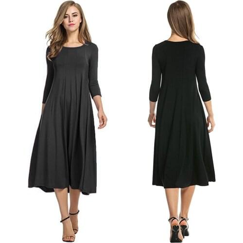 New Summer Fashion Casual Long Dress 3/4 Sleeve Solid Black Swing Flowy Office Ladies Loose Crew Neck Vintage Holiday Midi Dress