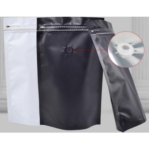 100pcs White/black 1kg coffee bean gift candy bag with air valve aluminized self standing bags side zipper packaging