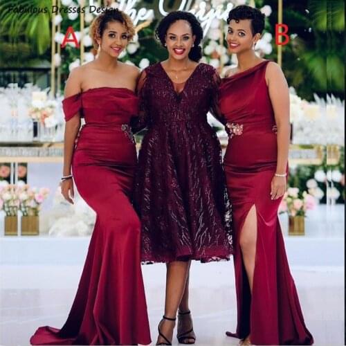2021 Chic Mermaid Bridesmaid Dresses Burgundy Off Shoulder Boat Neck Applique Long Wedding Party Dress Robe De Soirée De Mariage