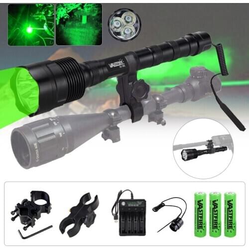 500 Yards Green LED Beam Hunting Flashlight Hog Predator Torch Rifle Scope Mount Remote Pressure Switch For 3*18650 Battery