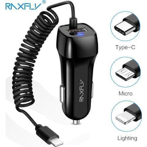 RAXFLY USB Car Charger For Samsung Note 10+ With Micro USB Type C Lighting Cable Car Charging for iphone XR XS X 2 USB Adapter