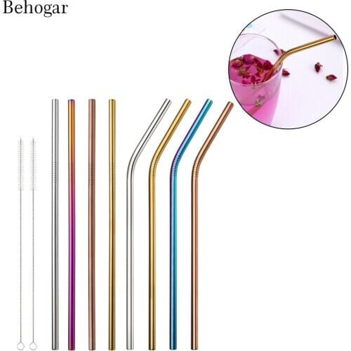 Behogar 8 PCS Mixed Straight Bent Stainless Steel Long Drinking Straw 2 Cleaning Brush for 20 oz yeti Tumbler Rambler Cup