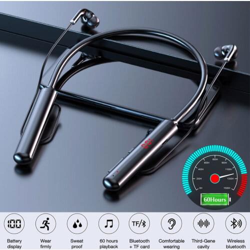 Bluetooth Headphones 60 Hours Endurance Stereo Bass Wireless Earbuds Neckband Power LED Display Headset Magnet TF Card Function