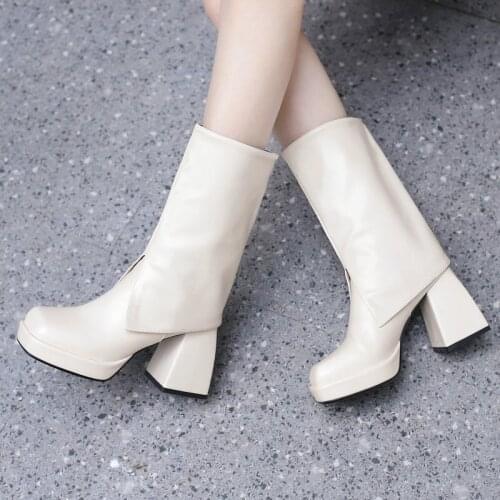 Lady Platform Mid calf Boots Slip On Loose Knight Boots Female Comfortable Thick Heel Short Boots Autumn Winter Warm Women Shoes