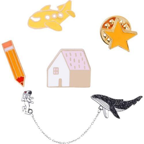 Cute Cartoon Brooches For Women Jewelry Airplane House Whale Star Pencil Icon Denim Jackets Men Lapel Pin Kids Childhood Gifts