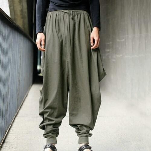 Male Baggy Pants Retro Casual Cotton Linen Loose Spring Summer Wide Leg Trousers Trendy Elastic Waist Plus Size Mens Pant 3XL