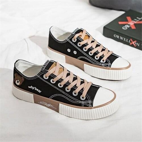 Women Classic Canvas Shoes High/Low Top Vulcanize Athletic Sneakers for Women Flat Casual Shoes Bear Embroidery Ladies Flats