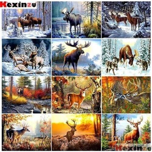 Kexinzu Diamond Painting Winter Elks Diamond Mosaic Rhinestone Diamond Embroidery 5D DIY Full Square Cross Stitch Home Decor BK