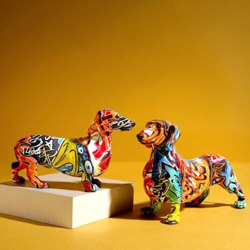 Painted Colorful Dachshund Dog Statue Decoration Creative Home Modern Wine Cabinet Office Decor Desktop Crafts