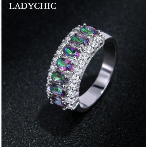 LADYCHIC New Arrival Oval Multicolor Zircon Stone Ring White CZ Silver Color Rings Fashion Women Jewelry Gift Wholesale LR1139