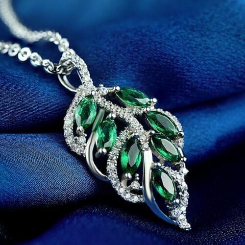 LIAMTING Luxury 925 Sterling Silver Leaf Pendant Necklace With Green Horse Eye Shape Cubic Zirconia Women Silver Jewelry VA021