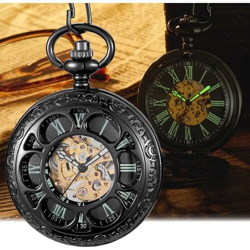 Antique Hollow Mechanical Pocket Watch Black Hand-Winding Fob Watch Chain Pendants Skeleton Steampunk Clock Luminous Reloj