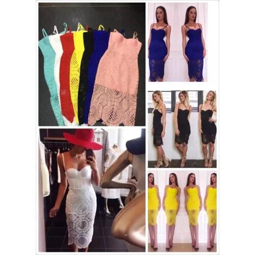 Fashion high quality black white red yellow summer style straps elegant midi sexy lace celebrity bandage bodycon dress wholesale