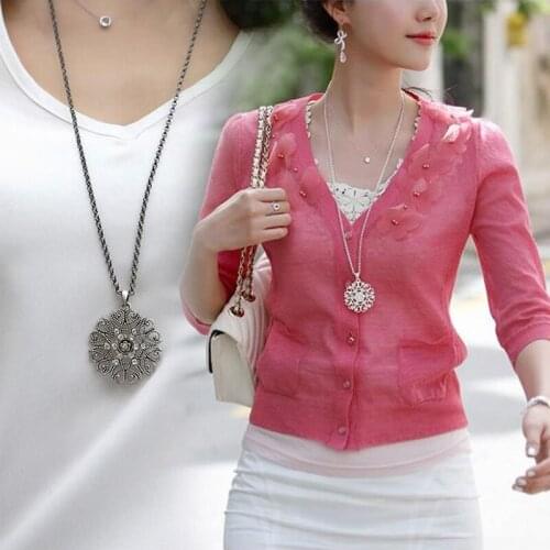 Fashion Women Crystal Hollow Flower Necklace Long Chain Pendant Necklaces Jewelry Gift XIN-Shipping