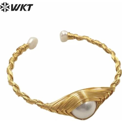 MPB013 Hot-selling White Freshater Pearl Charm Bangle Gold Eletroplated Handmade Wire Wrapped Pearl Bangle Jewelry Gift
