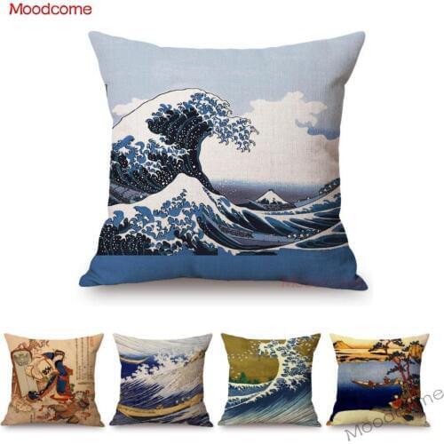 Asian Art Great Wave Woodblock Painting Hokusai Japanese Artist Culture Decoration Pillow Case Cotton Linen Sofa Cushion Cover