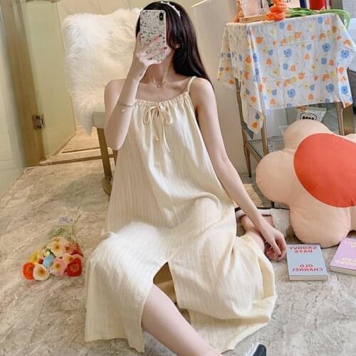 Sexy Sling Loose Night Dress Women Casual Cotton Summer Nightgowns Candy Color Fresh Sleepwear Nightshirt Female Home Wear