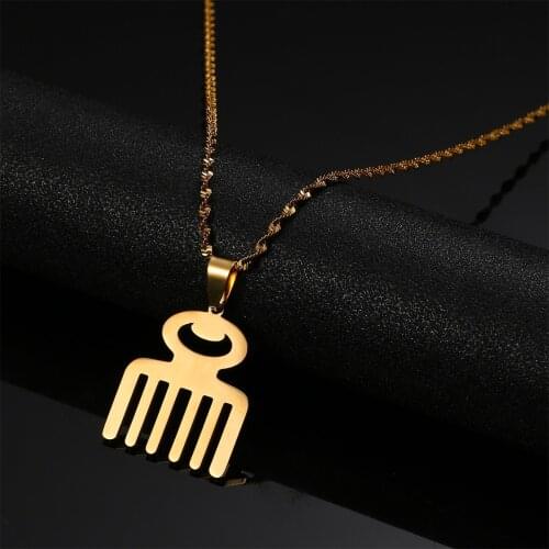 Stainless Steel African Adinkra Symbol DUAFE Wooden Comb Pendant Necklace Hygiene Charm Jewelry
