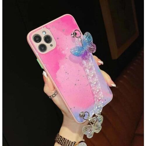 Crystal butterfly Wrist Chain Phone Case For Samsung S21U Note20U A51 A71 A52 A72 5G A50 A70 S20 Glitter Bracelet Graffiti Cases