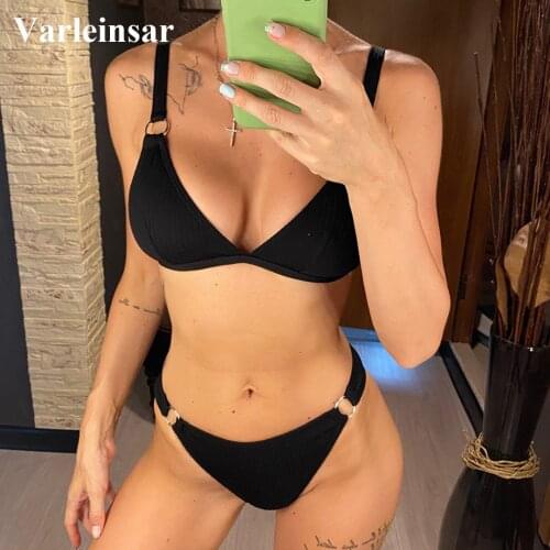 Sexy Ribbed Mid Waist Bikini Female Swimsuit Women Swimwear Two-pieces Bikini set Padded Bather Bathing Suit Swim Lady V2847B