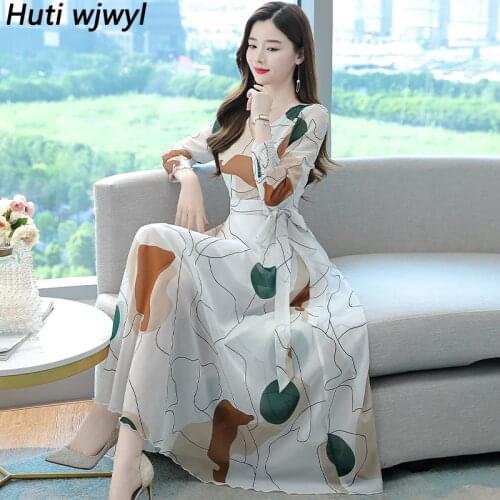 Spring Autumn Vintage Print Chiffon Midi Dress Plus Size Women Casual Boho Beach Dress 2021 Elegant Bodycon Party Maxi Vestidos