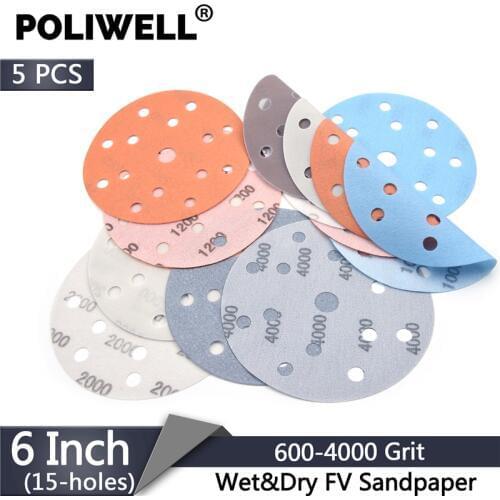 POLIWELL 5Pcs 150mm 15-Holes Waterproof FV Superfine Sanding Discs 3000 Grit Abrasive Paper Wet and Dry Car Polishing Grindling