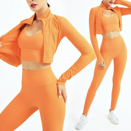 Sports Yoga Set Women Tracksuit Athletic High Waist Seamless Leggings Outfit Workout Sportswear Gyms Zipper Crop Top Sports Bra