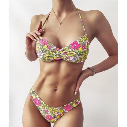 Uclio Ladies Cute Floral Print Split Swimsuit Fashion High Waist Strap 2 Suit Swimsuit