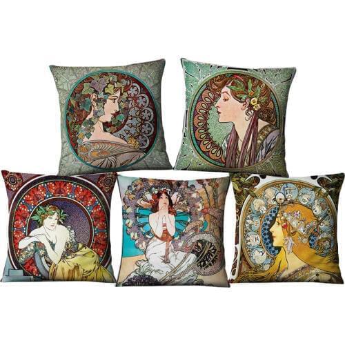 Vintage European Art Nouveau Mucha Gallery Decorative Sofa Pillow Case Beautiful Beauty Girl Pating Linen Luxury Cushion Cove