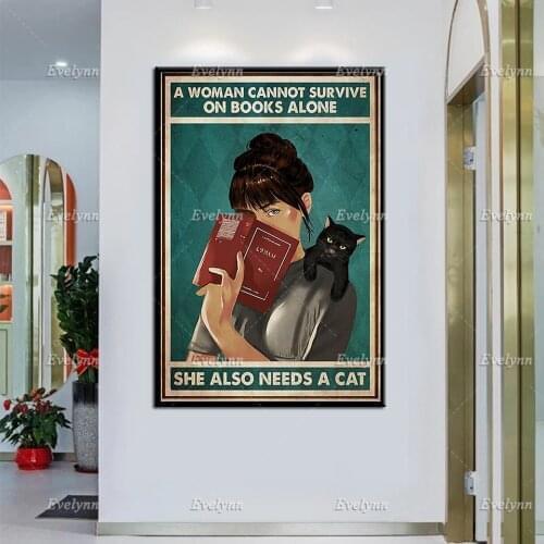 A Woman Cannot Servive On Books Alone She Also Needs A Cat Vintage Poster-Minimalism Bedroom Decoration Canvas Wall Art Prints