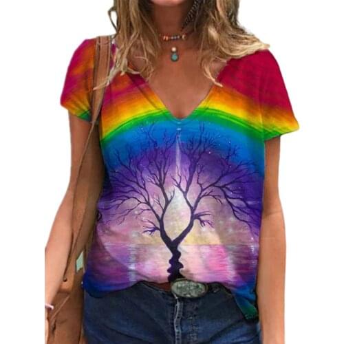 3XL Plus Size Women 3D Abstract Painting Printed T Shirt Summer Natural Scenery Short Sleeve V-Neck Loose Tops Casual Street Tee