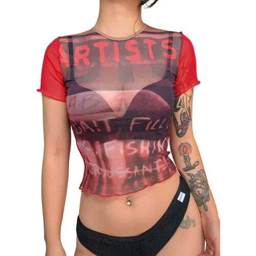 Womens Causal Short Sleeve T-shirt Fashion Letter Print Mesh Yarn Perspective Exposed Navel Tops