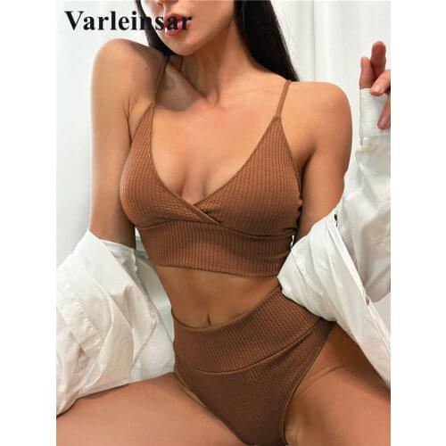 Ribbed Knotted High Waist Bikini Female Swimsuit Women Swimwear Two-pieces Bikini set Marbling Bather Bathing Suit Swim V2992