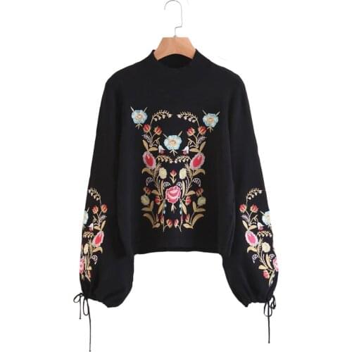 Women Knitted Sweater Bow Tie Sleeve Vintage Black Floral Embroidery 2021 Turtleneck Pullovers Boho Casual Femme Sweaters