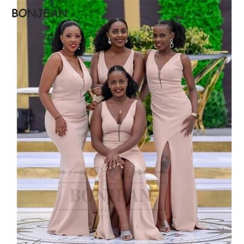 2021 Pink Sexy Mermaid Bridesmaid Dresses Long Front Slit Deep V Neck Satin Black Girls Bridesmaid Dress Wedding Party Gowns