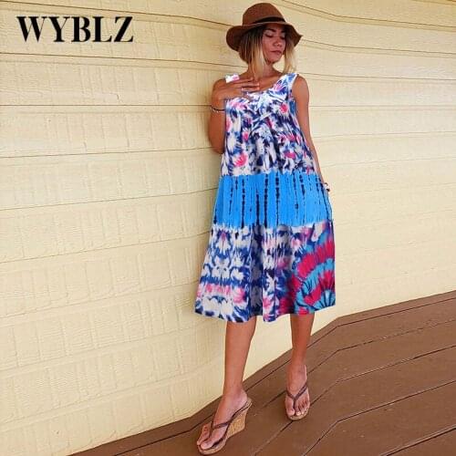 WYBLZ Midi Dresses For Women Summer Bohemian Floral Ruffles Casual Sleeveless Midi Dress 2021 New Fashion Boho Beach Tank Dress