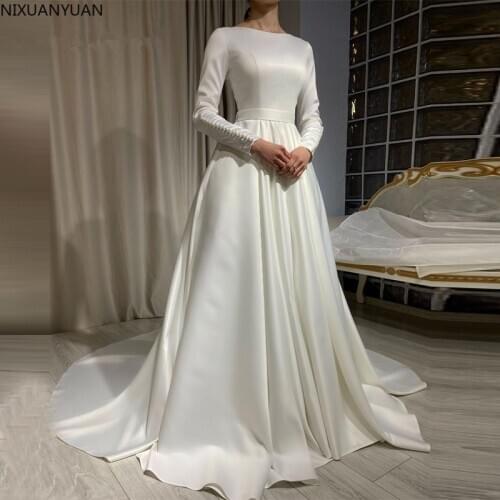 Long Sleeves Satin Custom Made Woman Elegant White Wedding Dresses 2021 Bridal Gowns Vestidos De Novia