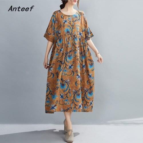 Short sleeve plus size cotton linen vintage floral dresses for women casual loose long woman summer dress elegant clothes 2021