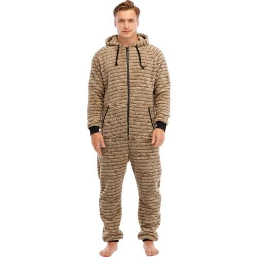 Winter Men Leisure Solid Flannel Homewear Men Long Sleeve Zipper Jumpsuit Hoode Pajamas