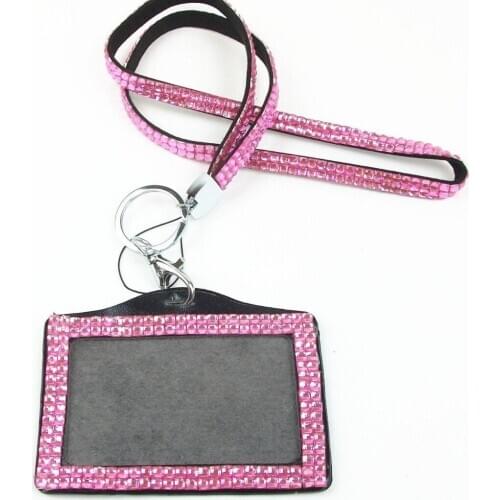 100pcs/lot Rhinestone Bling Lanyard with Horizontal PU ID Badge Card Holder and Key Chain Fashion Phone Strap Free shipping